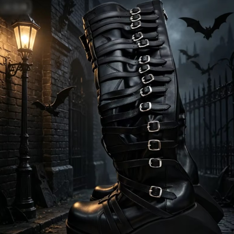 Knee High Boots Women - Черные плиссированные сапоги на танкетке до